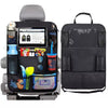 A black car backseat organizer featuring a tablet holder and multiple storage pockets for items like bottles and accessories.
