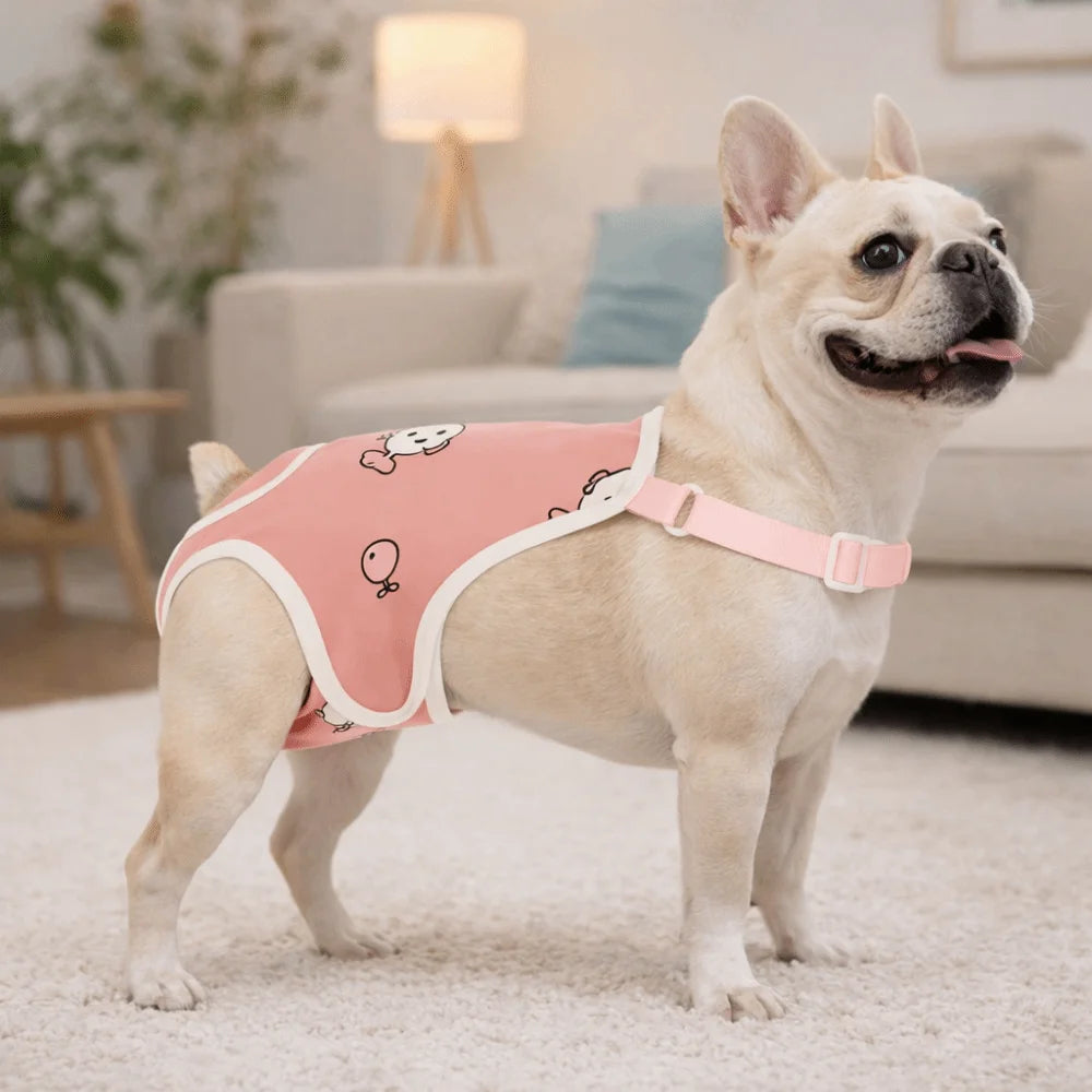 A light fawn-colored dog wearing pink washable sanitary pants with white cartoon designs.