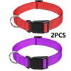 Two decorative nylon dog collars, one red and one purple, with buckles.