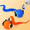 Intelligentes, automatisches Katzenballspielzeug mit blau-orangen strukturierten Bällen und einer grauen Katzenpfote.