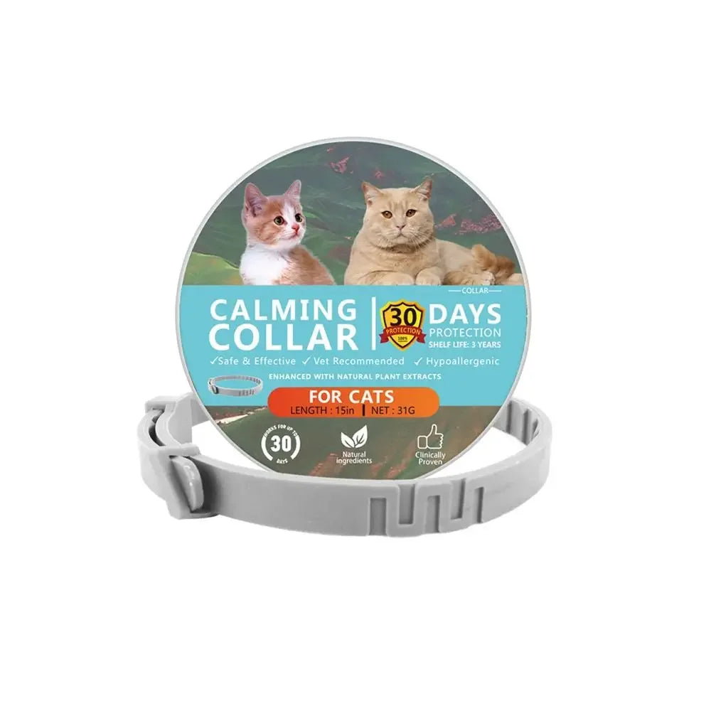 Rundes Produktetikett mit zwei Katzen und Text über einen beruhigenden Halsband für Haustiere.