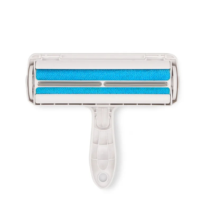 Weißer wiederverwendbarer Tierhaarentfernungs-Roller mit blauen Borsten.