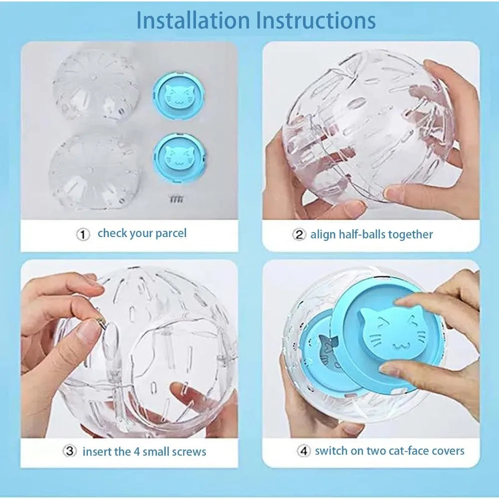 Installation instructions showing how to assemble a clear glass ball with blue cat-face covers