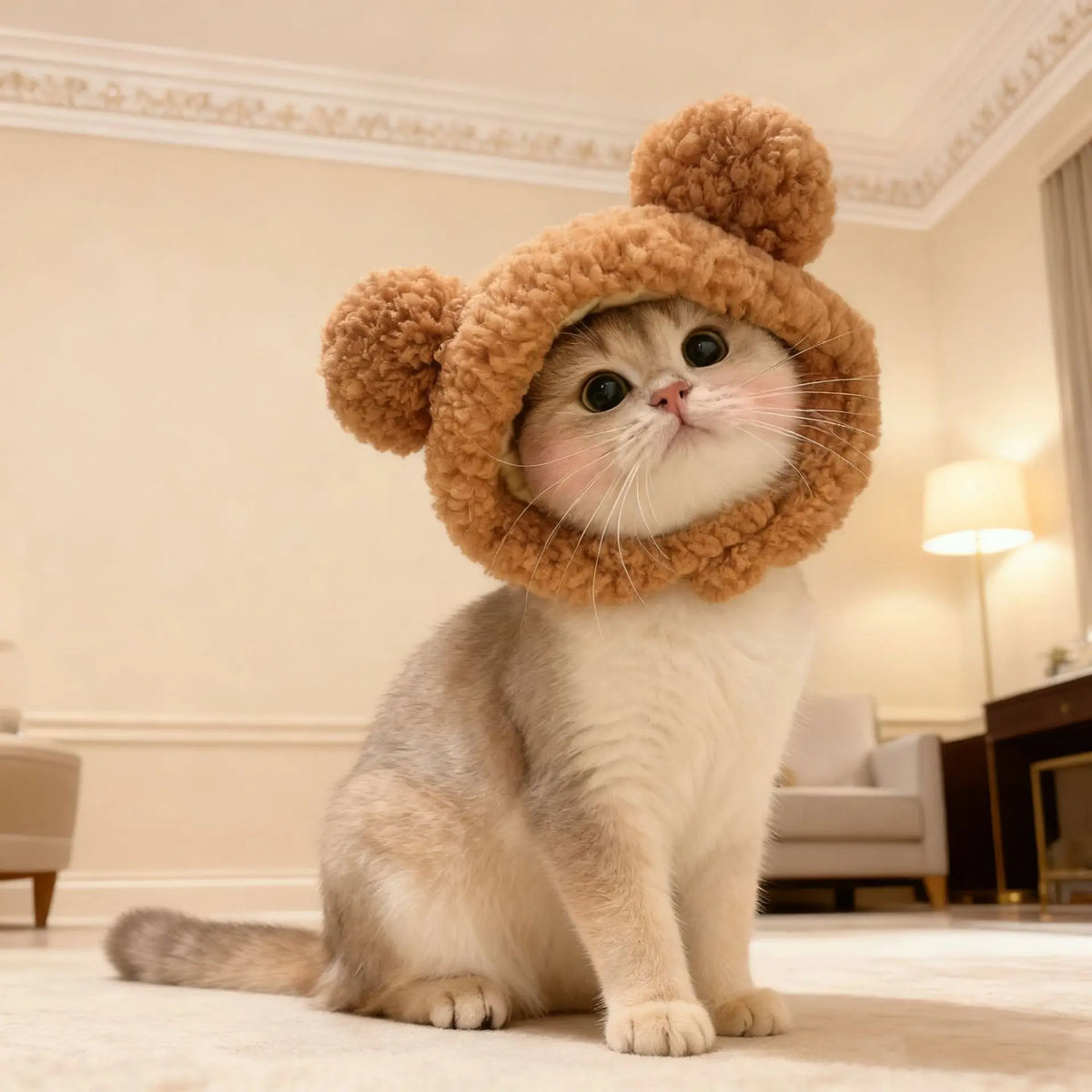 A fluffy, light-colored cat wearing a brown bear cap pet head cover, sitting on a carpet.