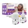 A white plug-in calming pheromone diffuser kit with a refill bottle and packaging for cats and dogs.