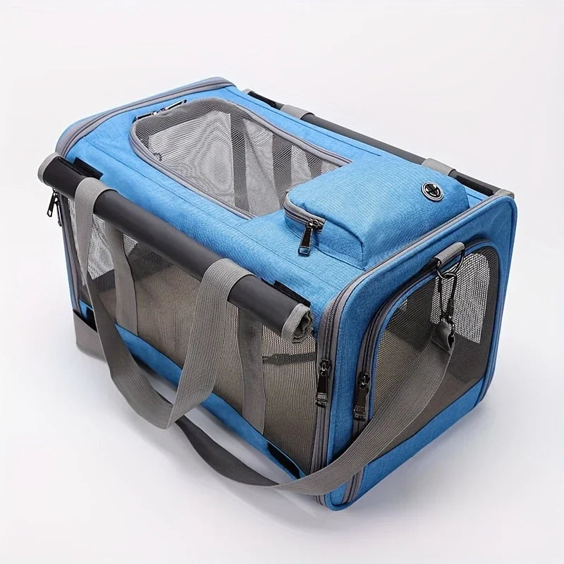 A blue breathable mesh pet carrier bag for cats and small dogs, shown from above.