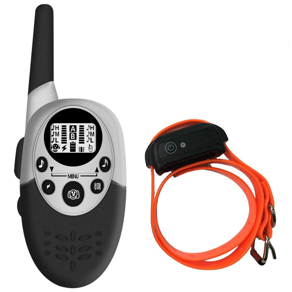 A black and white rechargeable dog training collar with an orange remote and leash.