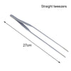 Ein Paar gerade Edelstahlpinzetten, diagonal dargestellt, mit einer Länge von 27 cm.