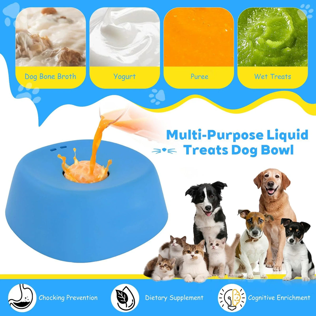 Blue silicone multi-purpose liquid treats dog bowl with various food options and cognitive enrichment features