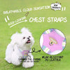 A white dog wearing a pink chest strap harness with a tag, demonstrating breathable cloud sensation and expandable D-ring.