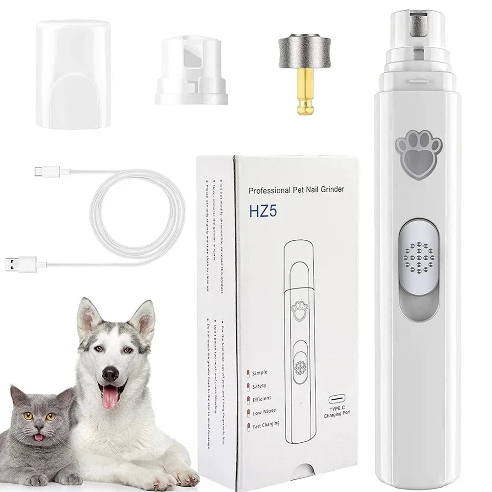 A white professional pet nail grinder kit showing the main unit, charging cable, and accessories with a dog and cat.