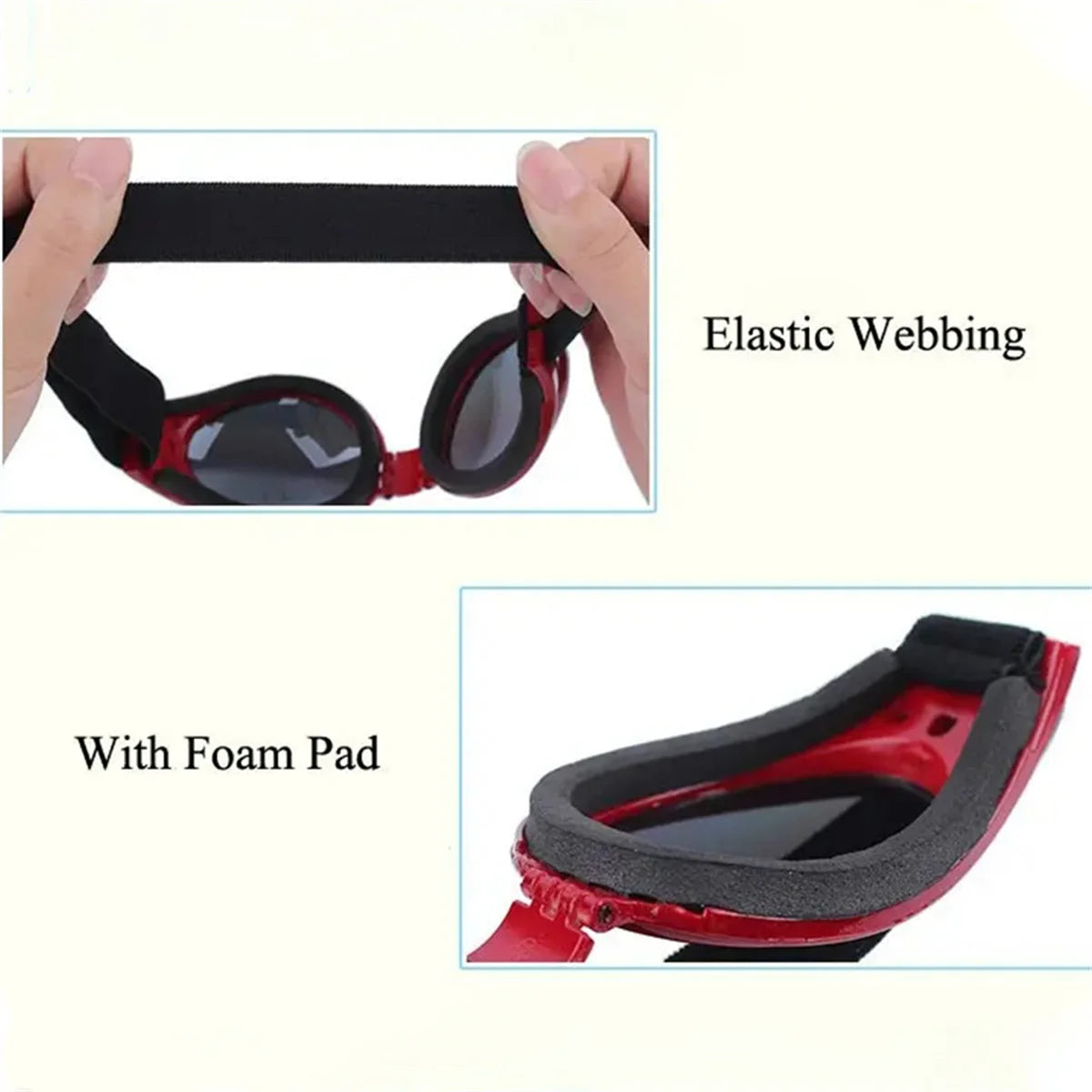 Red foldable pet sunglasses with elastic webbing and a foam pad for eye protection