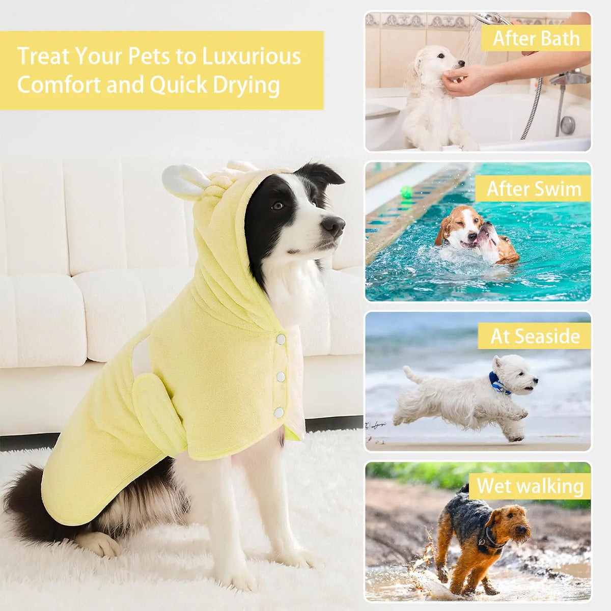 A yellow hooded pet bathrobe towel is shown being used by a dog in various contexts like after a bath, swim, at the seaside, 