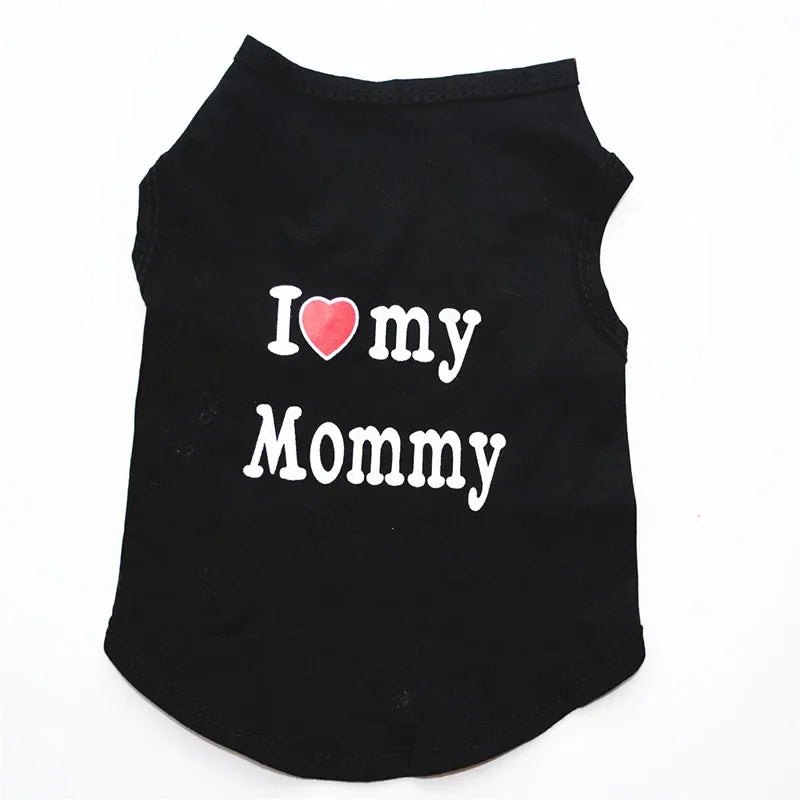 Black print vest for dogs and kittens featuring the text I love my Mommy