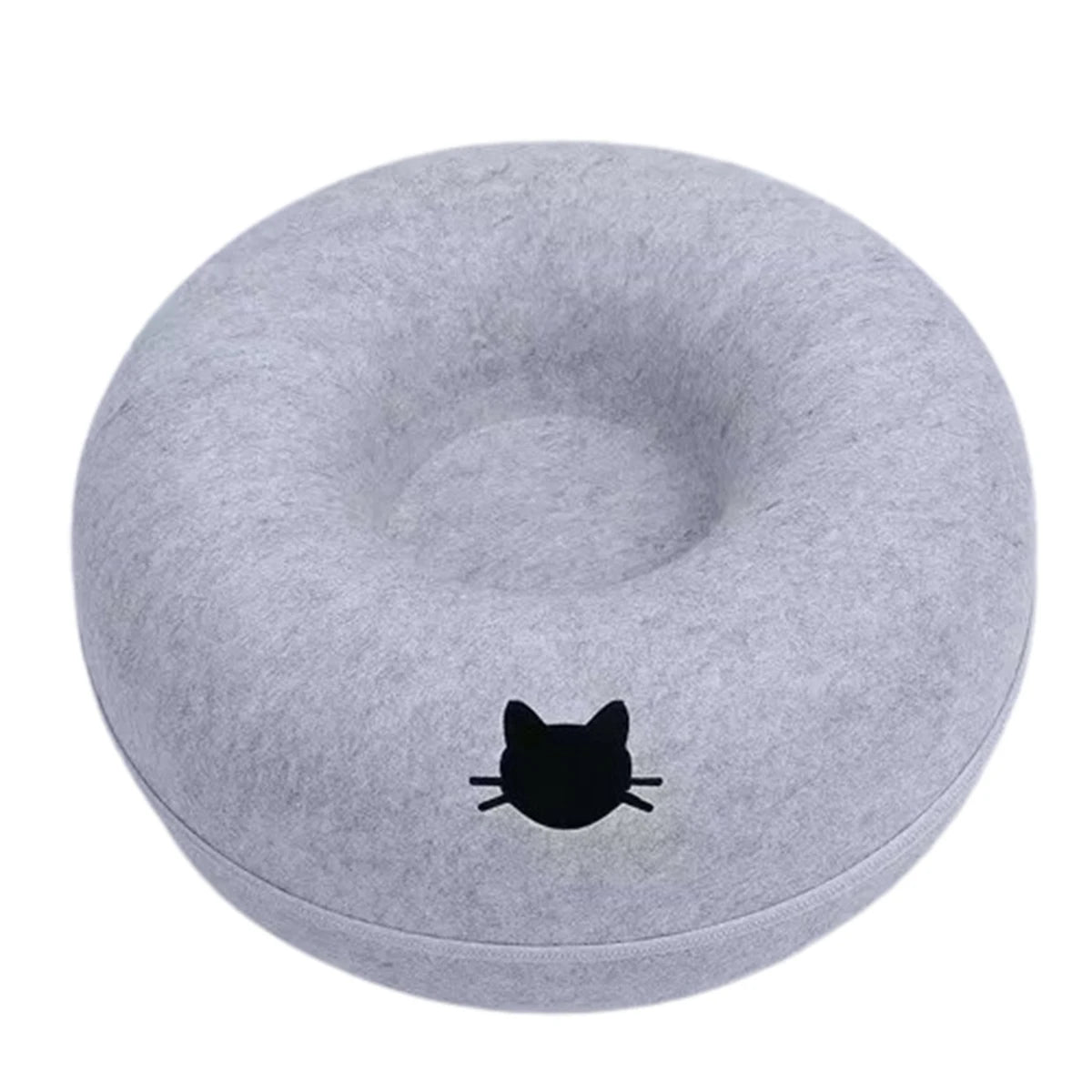 A round, gray felt cat bed with a black silhouette of a cat on the surface.