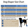 A size chart for dog diapers showing waist circumference measurements for XS to XL sizes.