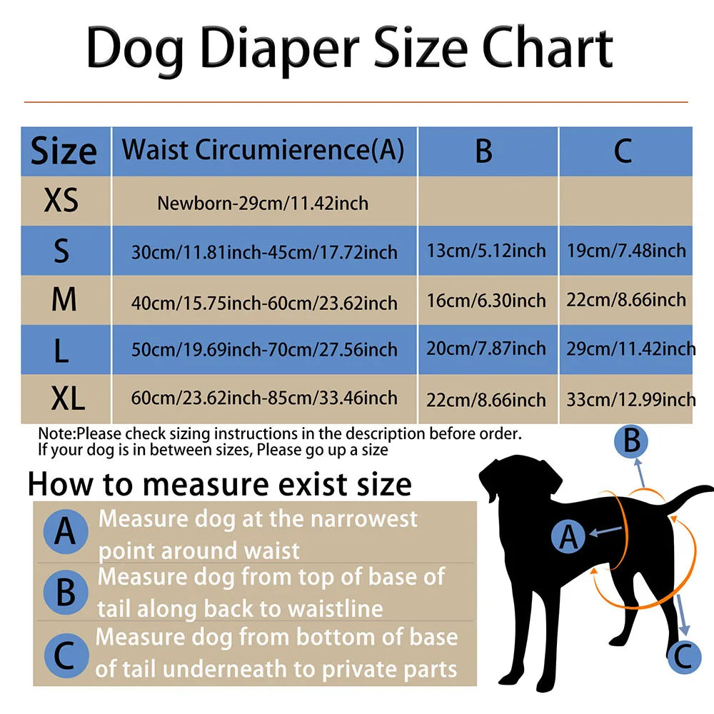 A size chart for dog diapers showing waist circumference measurements for XS to XL sizes.