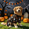 A golden retriever wearing funny Halloween costume pajamas sitting in a pumpkin patch at night.