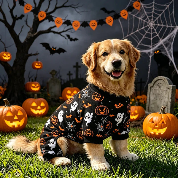 A golden retriever wearing funny Halloween costume pajamas sitting in a pumpkin patch at night.