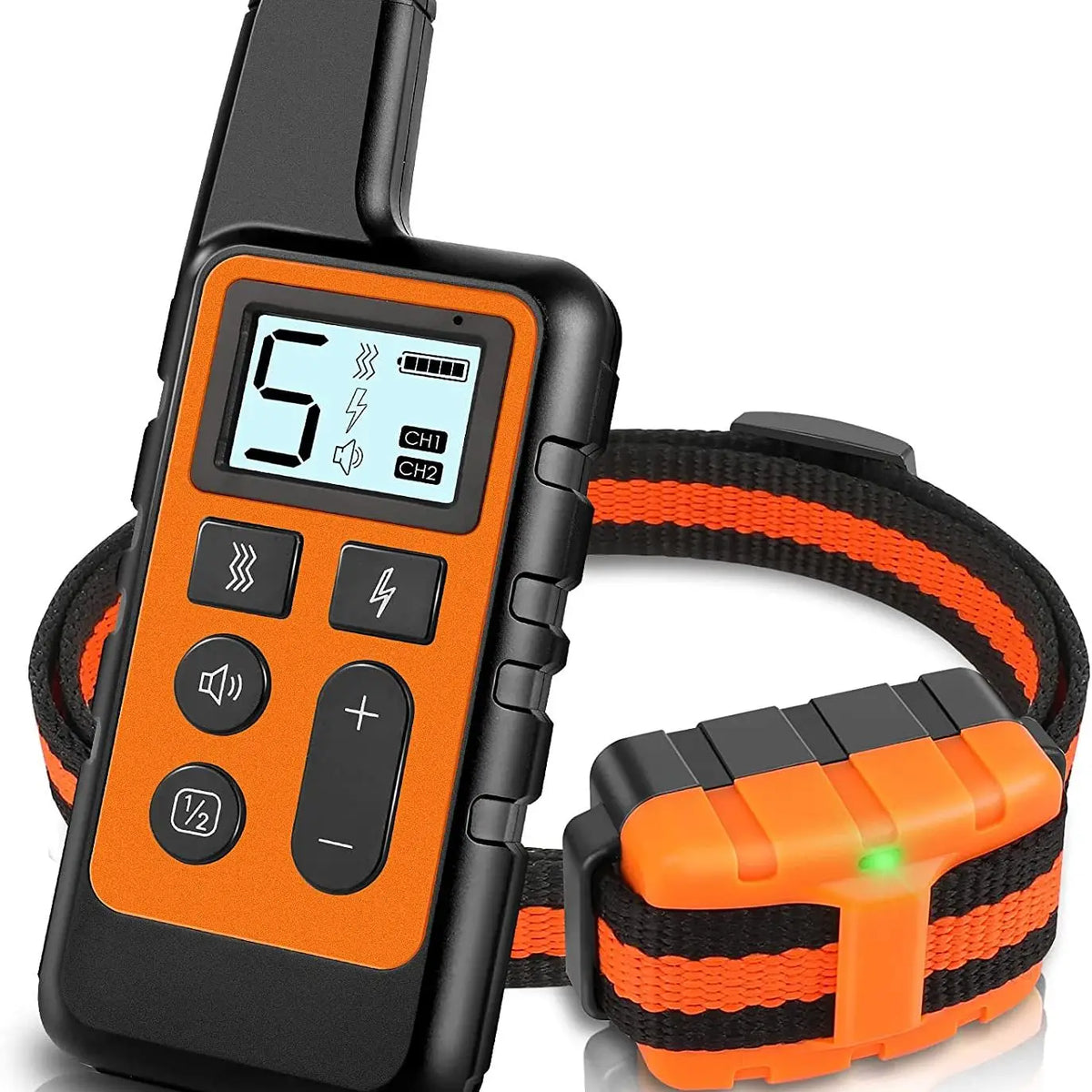 A black electric dog training collar with an orange strap and digital display showing channel settings.
