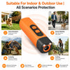 Répulsif et entraîneur canin ultrasonique orange et portable, montré dans divers scénarios d'utilisation en extérieur.