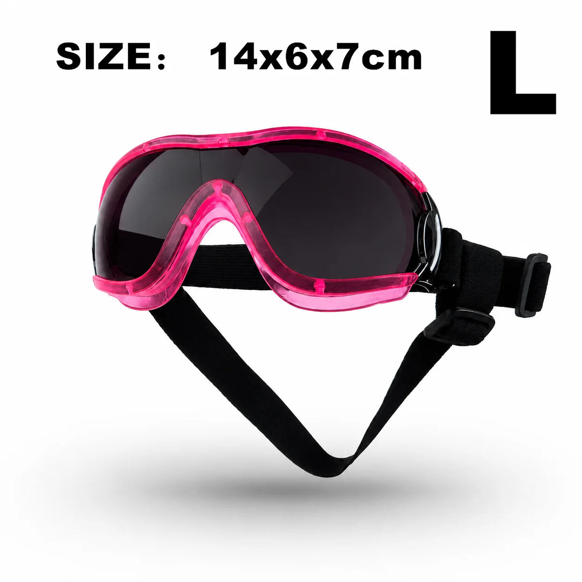 Rosa Anti-UV Hundegoggles mit schwarzen Linsen und einem schwarzen Riemen