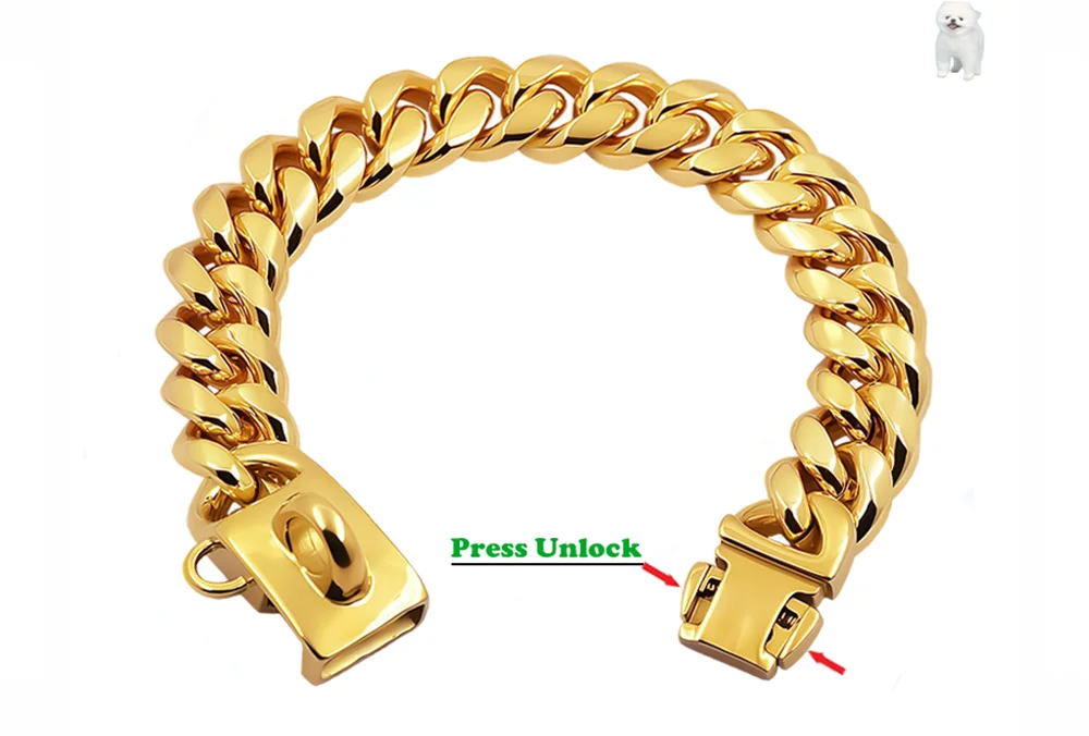 Collier de chien en acier inoxydable doré à mailles cubanes, sur fond blanc.