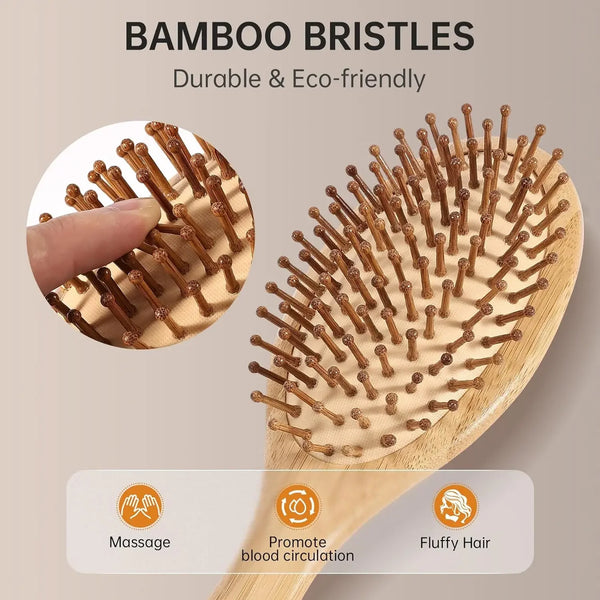 A wooden bamboo brush with bristles is shown, demonstrating massage and promoting blood circulation for fluffy hair.