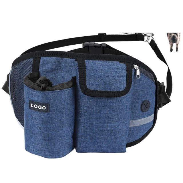 A navy blue hands-free dog walking belt with storage pockets and a bungee leash.