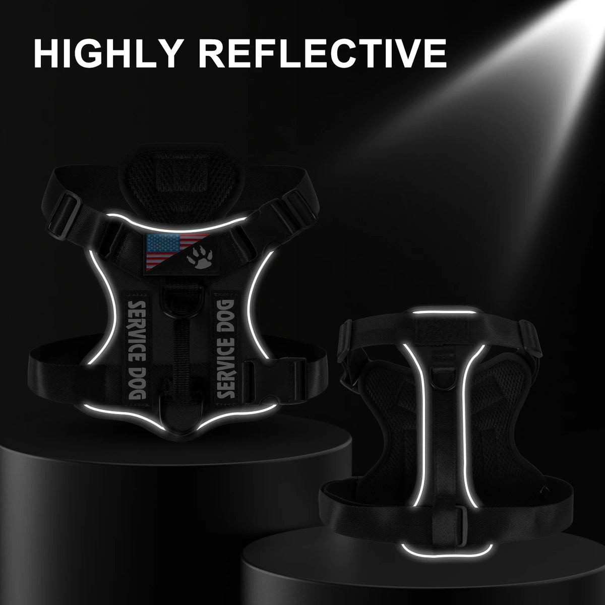 A black reflective service dog harness is displayed on a stand, highlighting its features.