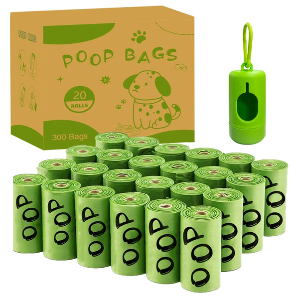 A box of poop bags with 20 rolls and a stack of green biodegradable dog waste bags.