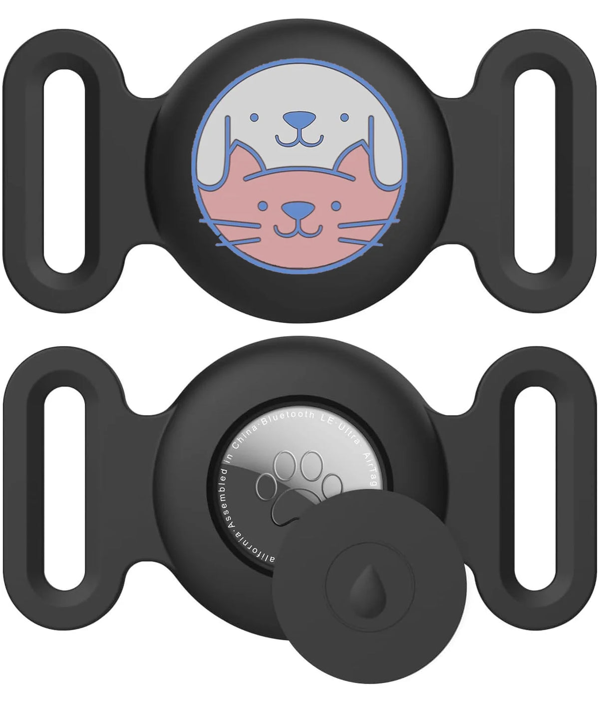 A black silicone airtag holder with a cat face design, designed to attach to pet collars.