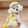 A white poodle wearing a yellow and blue cartoon dog harness vest with a leash.