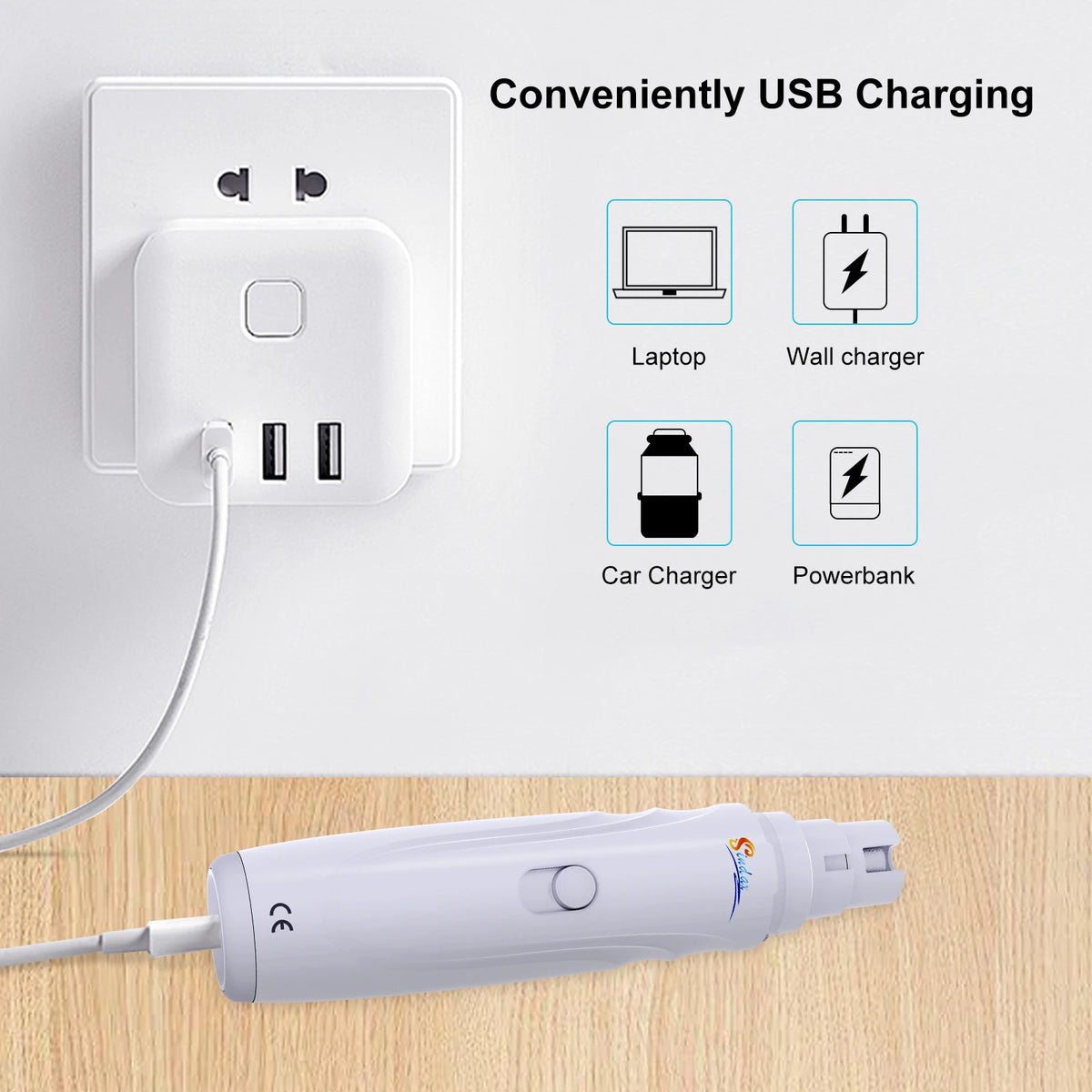 Un limage pour griffes de chien rechargeable USB blanche, à côté d'une prise murale et d'icônes de charge.