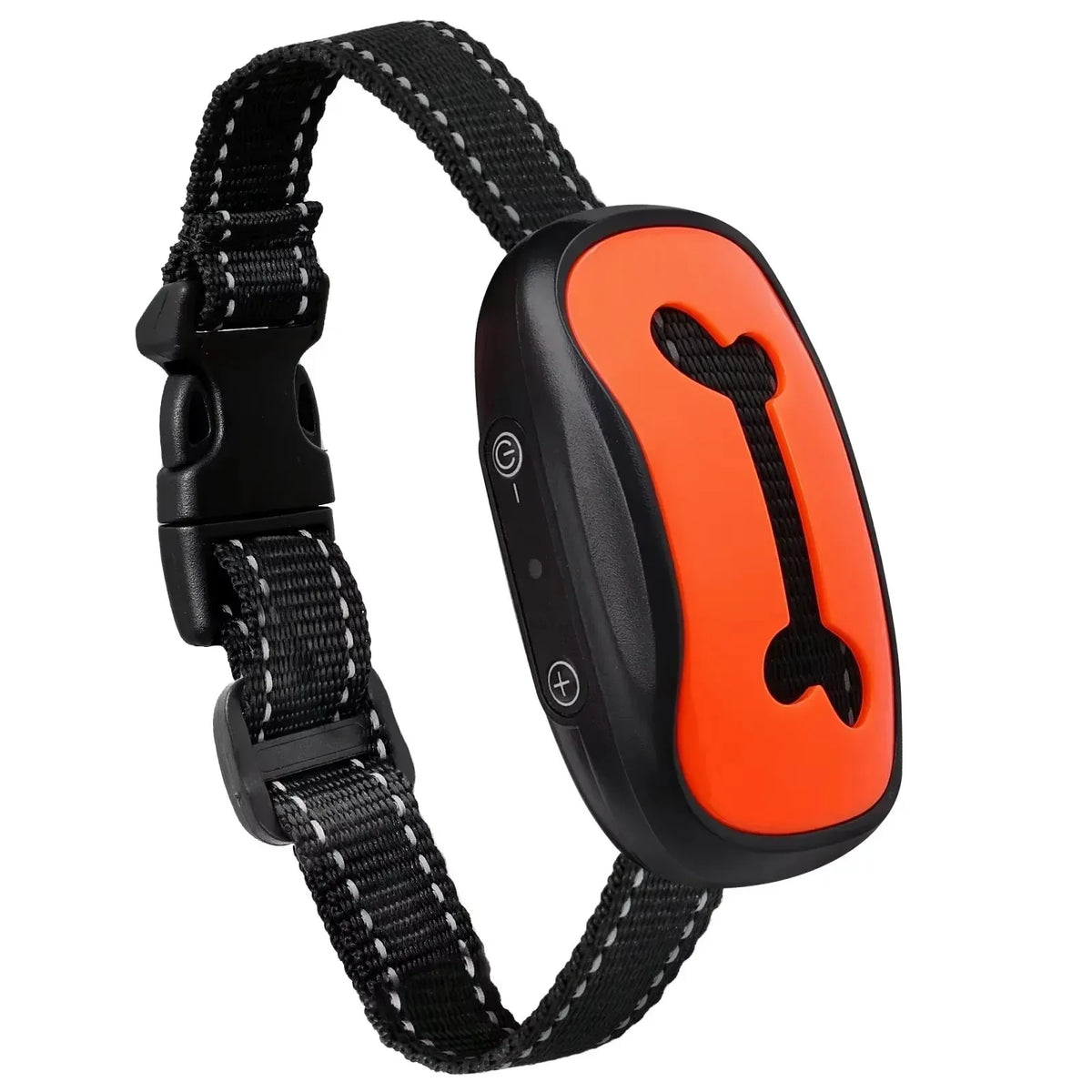 Black and orange USB rechargeable dog bark collar with a padded strap.