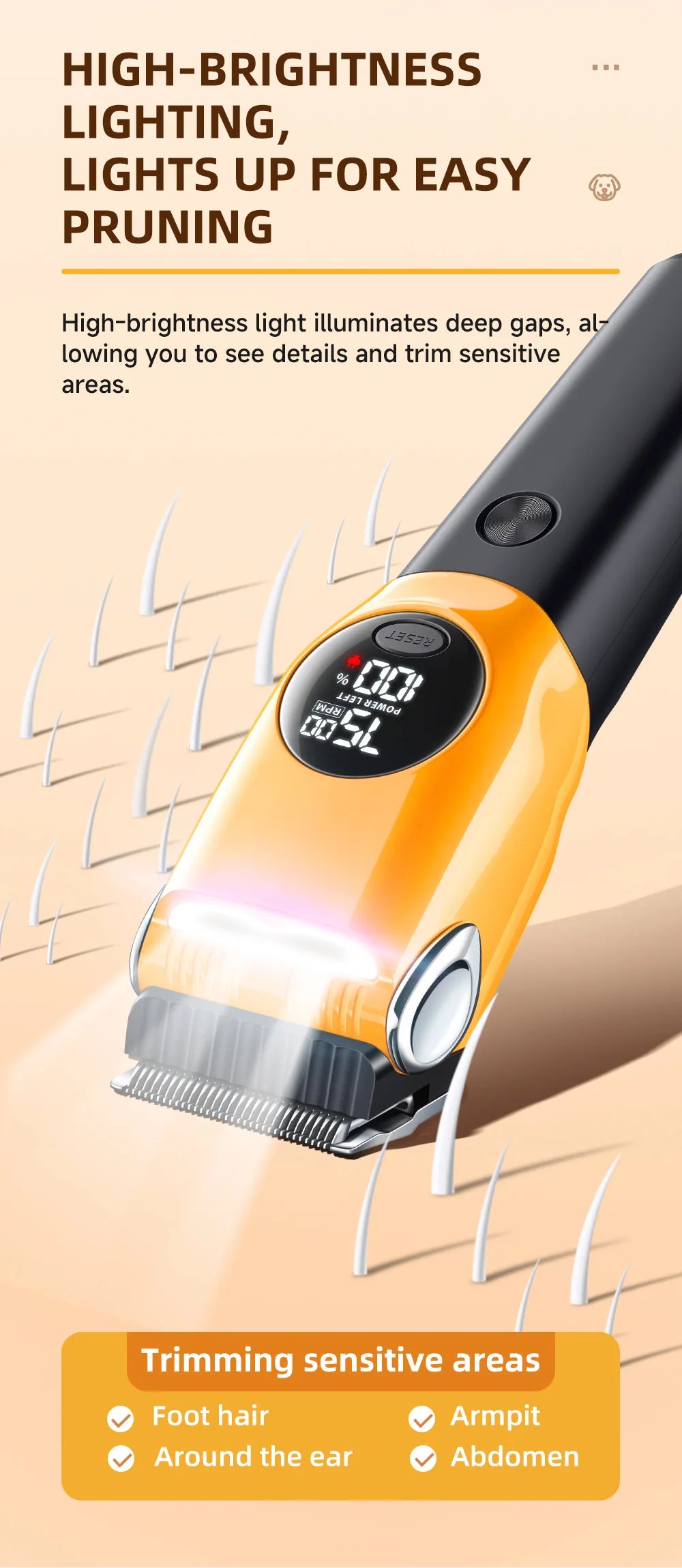 Orange-schwarzer, hellle Lichttrimmer beleuchtet Details zur einfachen Abschneidung empfindlicher Bereiche wie Fußhaare