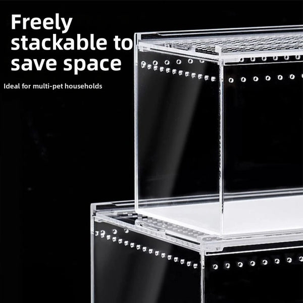 A clear, stackable reptile terrarium enclosure shown against a black background.