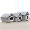 Three gray removable dog houses or pet beds with openings for indoor use