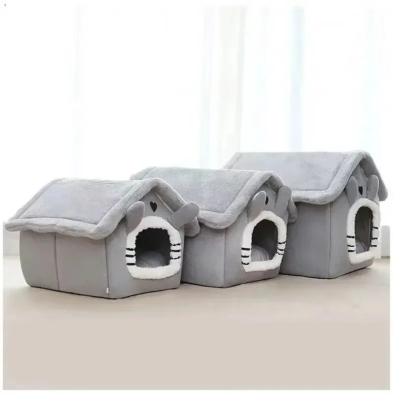 Three gray removable dog houses or pet beds with openings for indoor use