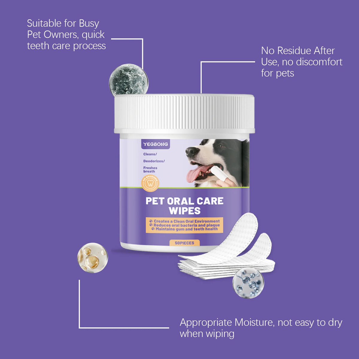A jar of pet oral care wipes with a wipe and a loose wipe shown next to the product.