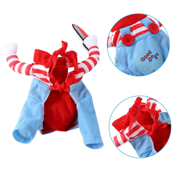 A red and white striped jumpsuit costume for a dog or cat, featuring a ruffled collar and blue fabric.