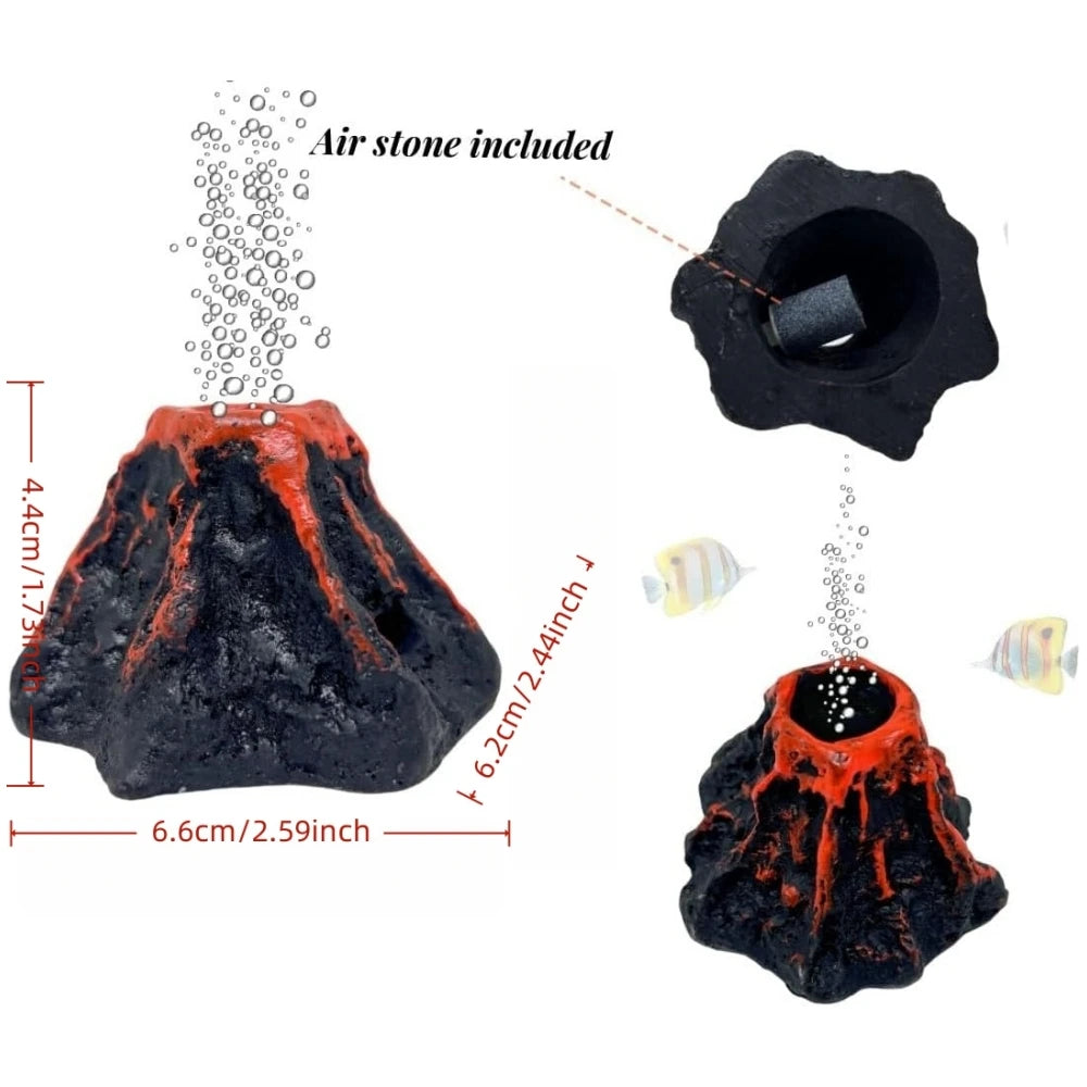 A black aquarium volcano model with an orange erupting effect and an air stone included.