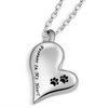 A silver stainless steel pet memorial necklace featuring a heart charm engraved with the words Forever in My Heart and paw pr
