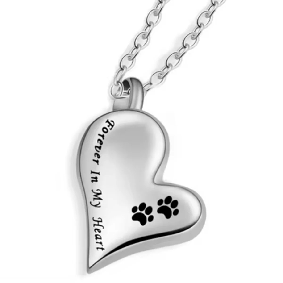 A silver stainless steel pet memorial necklace featuring a heart charm engraved with the words Forever in My Heart and paw pr
