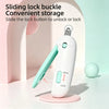 A white sliding lock buckle pet nail clipper trimmer is shown on a pink base with a green handle.