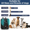 A black ultrasonic dog bark deterrent device shown next to various dog breeds and size categories.