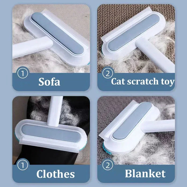 Reusable double-sided pet hair removal gloves shown cleaning sofa, cat scratch toy, clothes, and blanket.