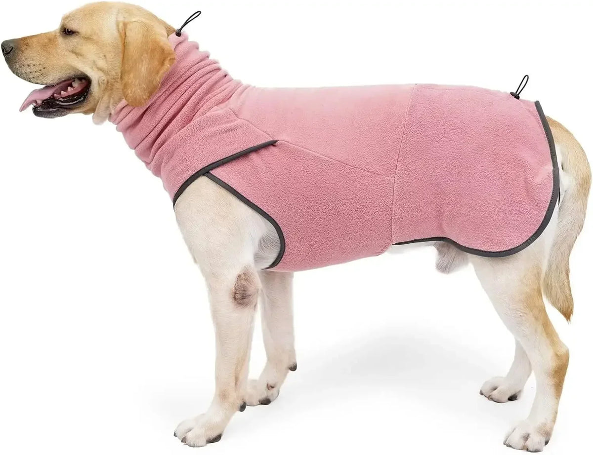 A light-colored dog is wearing a pink fleece sweater with a high collar.