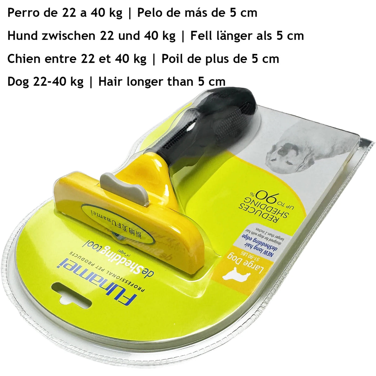 Yellow pet deshedding brush for dogs and cats with a clear plastic casing