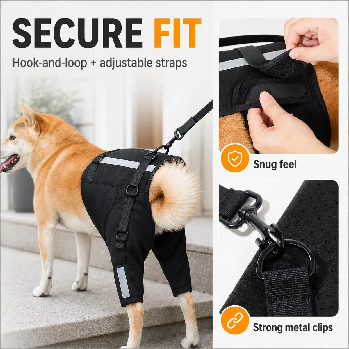 Black dog harness with hook-and-loop and adjustable straps shown on an orange dog.
